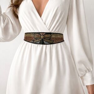 VTG 90s Hand Beaded Tie Belt Art Deco Boho Waist Sash Black Gold Destinee Glam